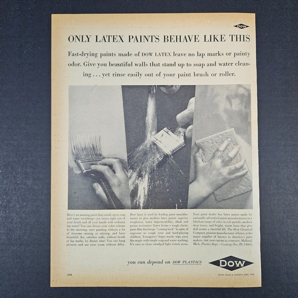 1953 Dow Plastics Latex Paints Vintage Print Ad Midland MI Chemical‎ Company